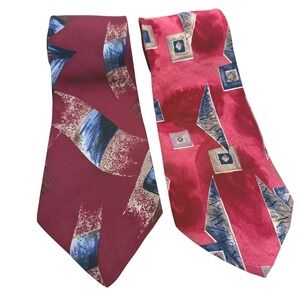 Halston III Mens 2 Pack Silk Feel Abstract Geometric Ties Burgundy Red Blue 90s